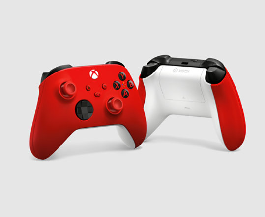 Widok z przodu i z tyłu kontrolera bezprzewodowego do konsoli Xbox w kolorze Pulse Red.