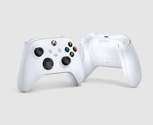 Widok z przodu i z tyłu kontrolera bezprzewodowego Xbox w kolorze Robot White.