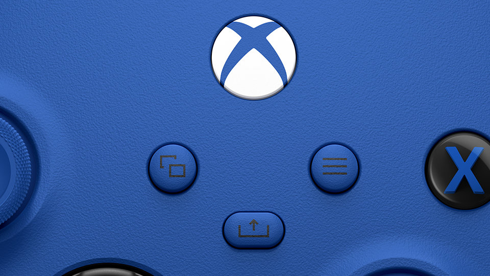 Zbliżenie na przyciski konsolę, widoku, menu i udostępnienia na kontrolerze bezprzewodowym do konsoli Xbox.