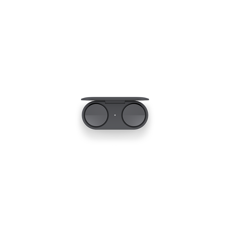 Słuchawki Surface Earbuds pokazane w etui z otwartą pokrywą.
