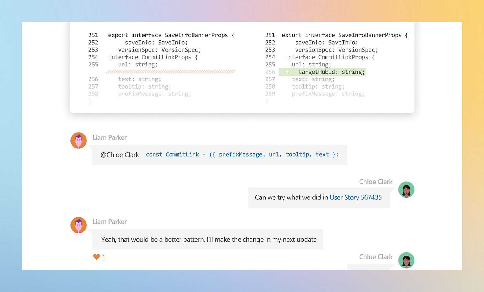 Code snippet defining SaveInfoBannerProps, CommitLinkProps, and conversation between Liam Parker and Chloe Clark