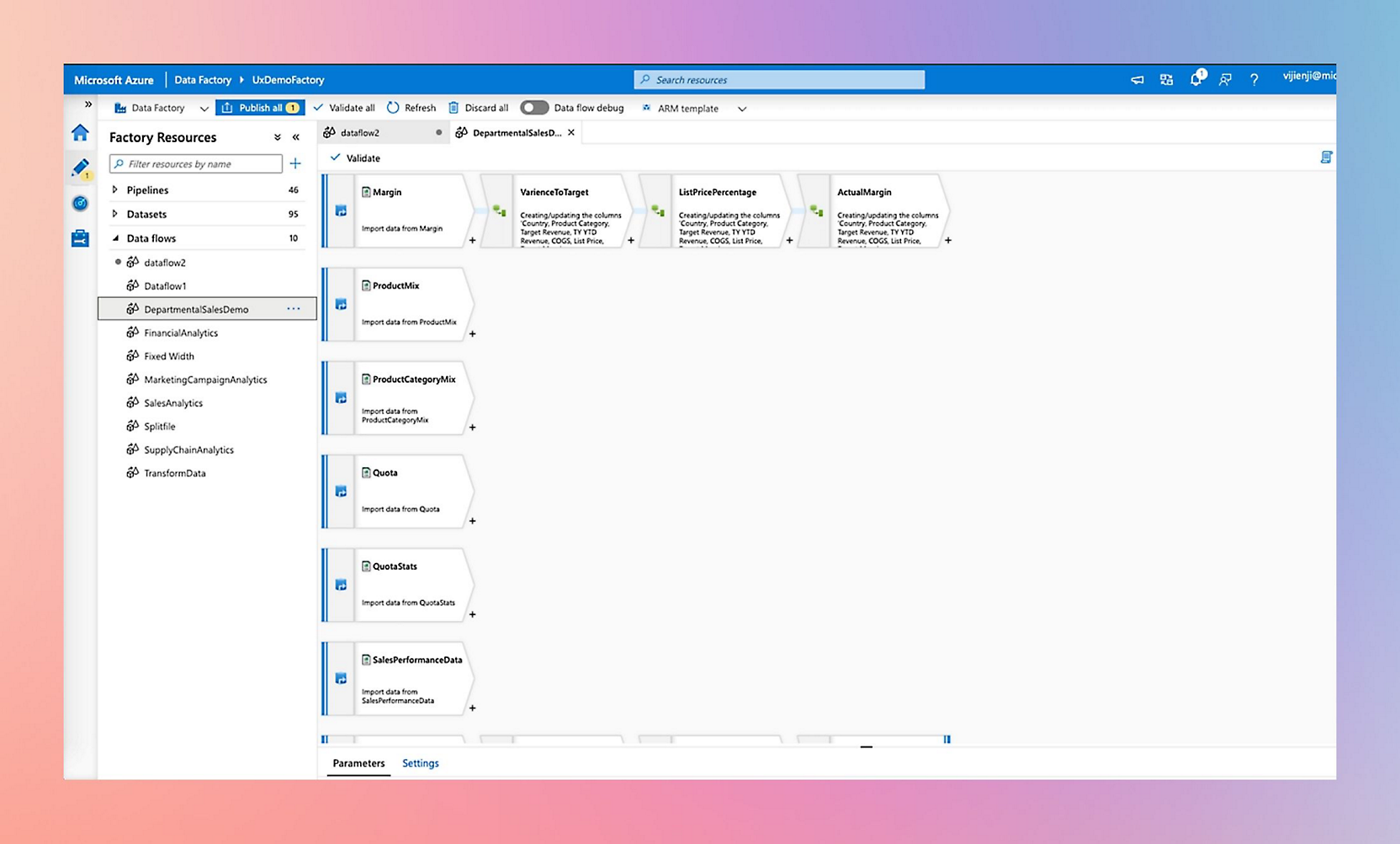 List of Microsoft Azure-related terms including Formoladory, Factory Resources, Age, and Settings