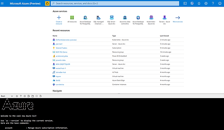 Recursos recientes y servicios para un usuario de Azure.