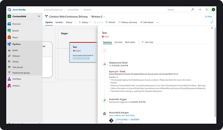 A pipeline summary for a failed test in Azure DevOps