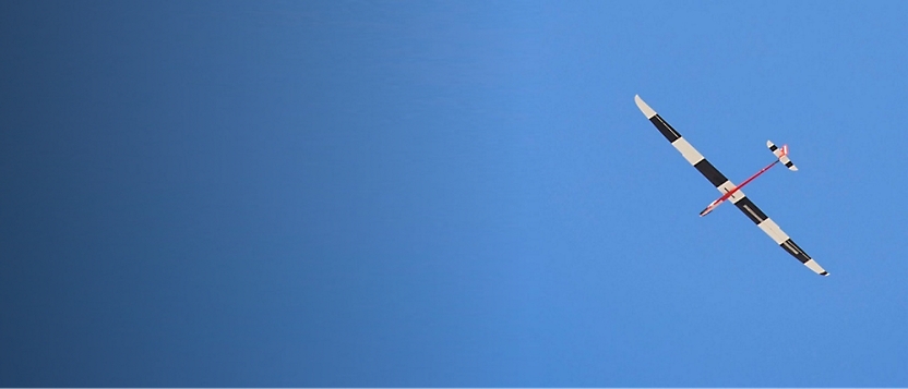 Single-engine aircraft with a black and white wing pattern flying against a clear blue sky.