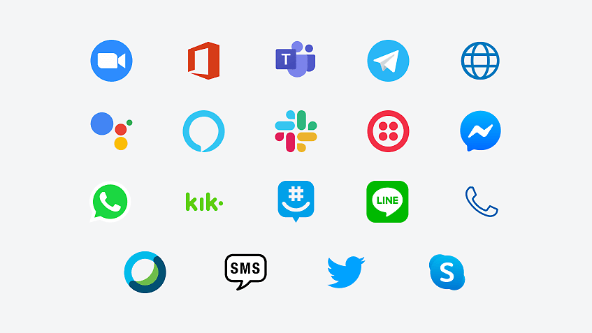 Logos von Unternehmen, die Chatbots verwenden, beispielsweise Kik, GroupMe, Slack, Teams, Twitter und viele mehr.