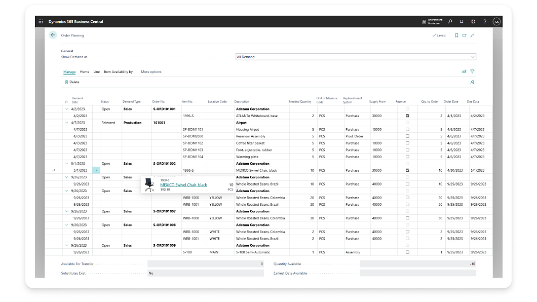 A window showing data in tabular form with filters available at the top.