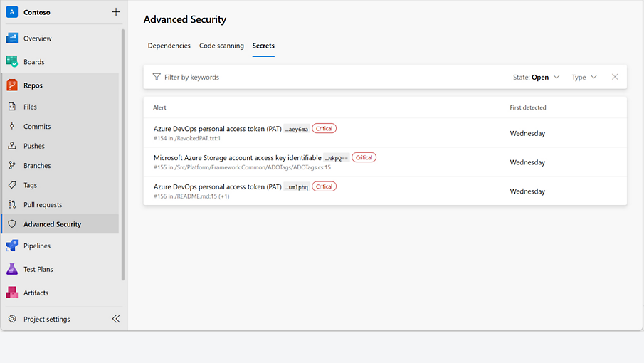 En liste over beskeder, der blev fundet via hemmelig scanning i Advanced Security