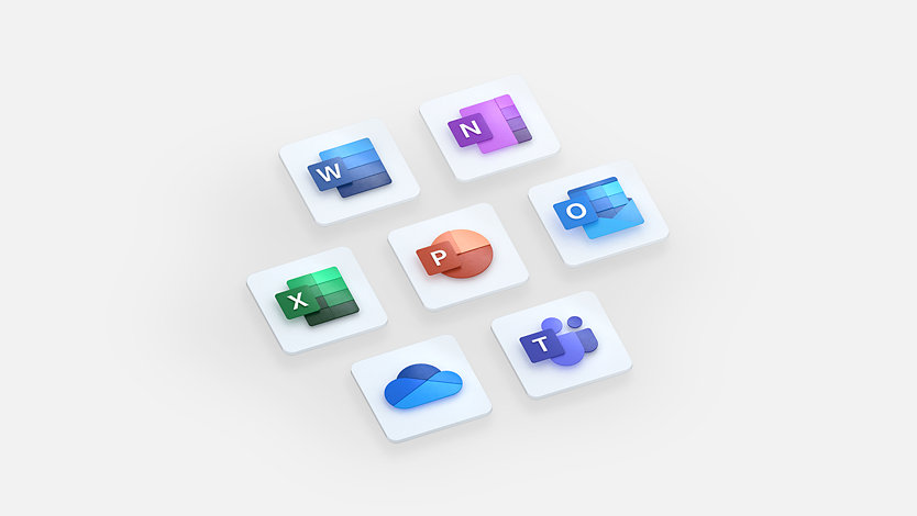 Pictogrammen van apps in Microsoft 365: Word, PowerPoint, Excel, OneNote, Outlook, OneDrive en Teams