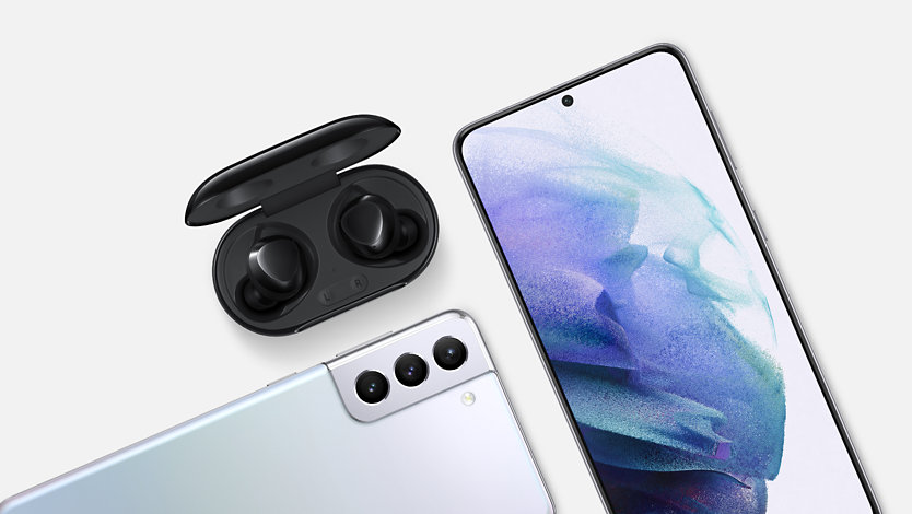   A Samsung Galaxy S21+ and Galaxy Buds+.