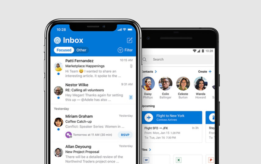 Телефон с iOS и телефон с Android с приложението Outlook, показано на екрана