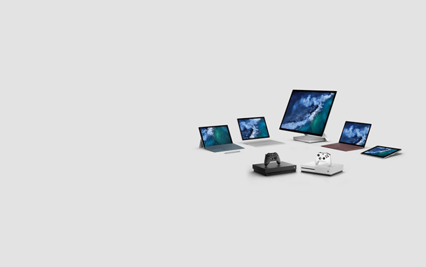 Group of Surface devices and Xbox consoles