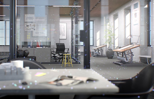 Corporate office space with virtual reality holographic overlay.