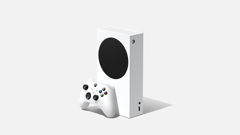 Eine weiße Xbox Series S mit einem weißen Controller.