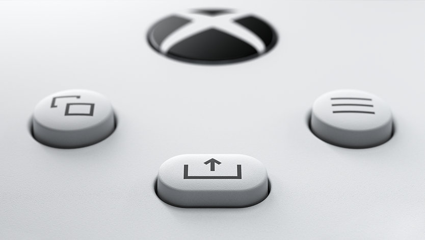 Zbliżenie na przycisk udostępniania kontrolera bezprzewodowego Xbox.