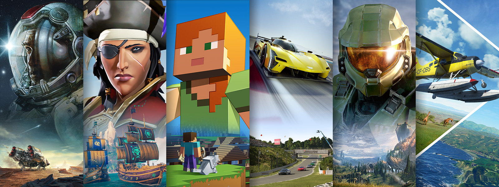 Cztery scenerie z czterech różnych gier wideo dostępnych w Xbox Game Pass 