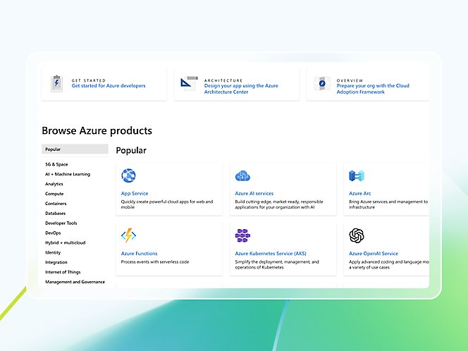 Окно с различными продуктами Azure