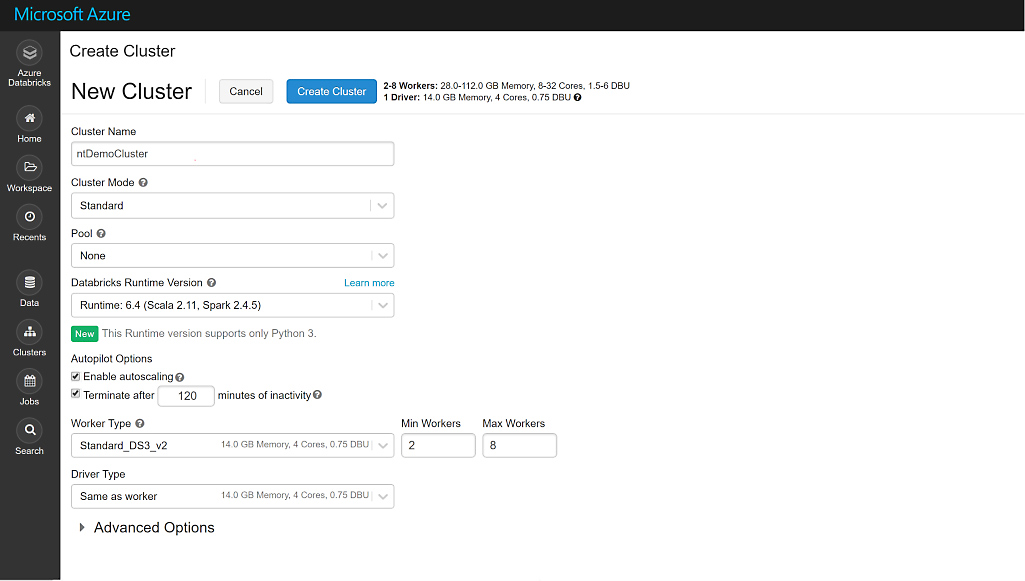 A user creating a new cluster in Azure Databricks.