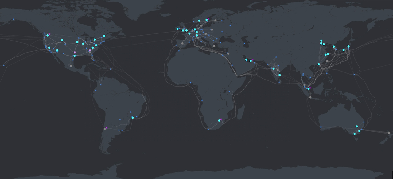 A world map with highlighted pins all around the world