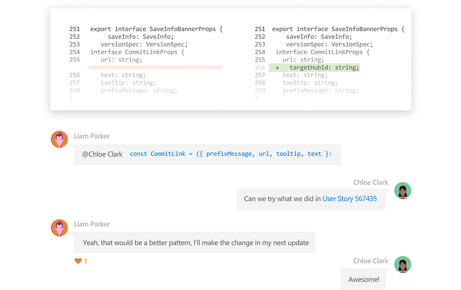 En chatsamtale om en kodegennemgang i Azure Repos 