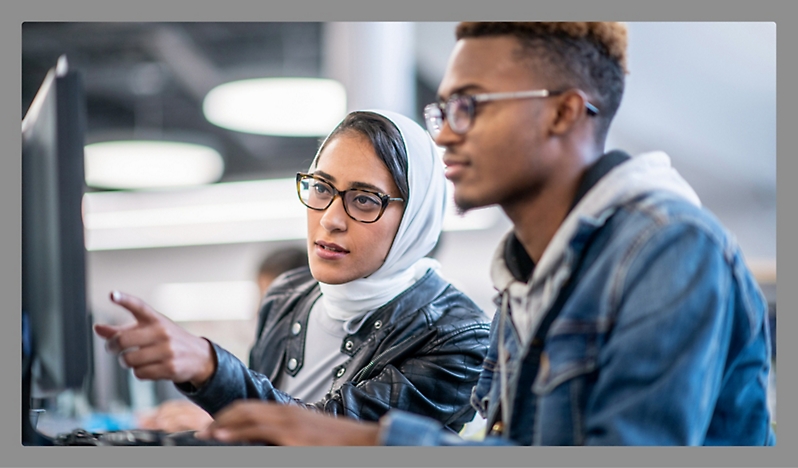 A man and a women discussing something in a desktop