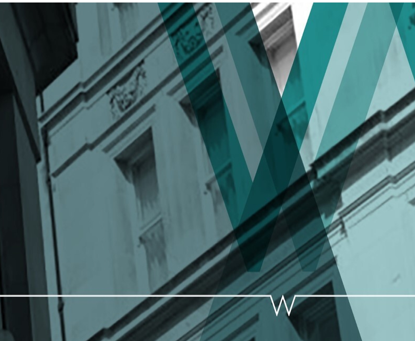 A building facade with classical architectural details is overlaid with teal geometric shapes and a white horizontal line featuring 