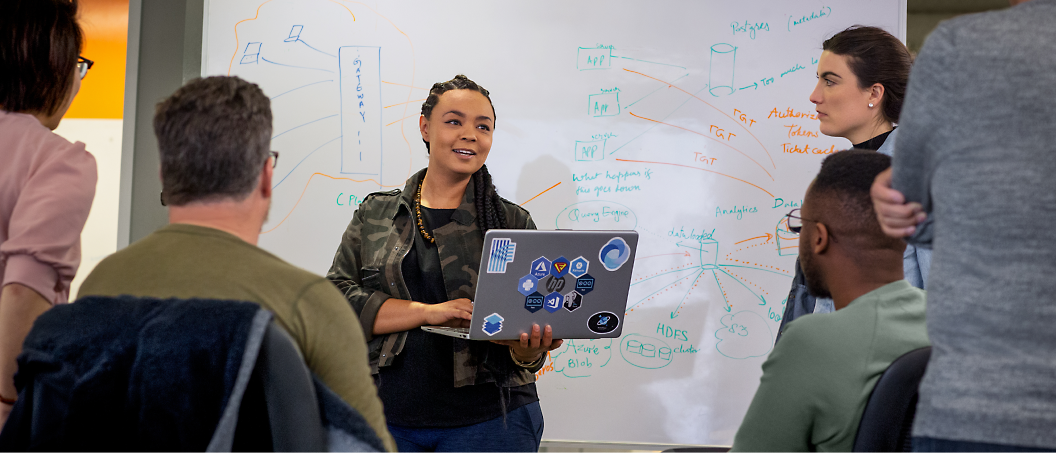 A woman stands in front of a whiteboard covered in diagrams and text, holding a laptop, presenting to four seated colleagues