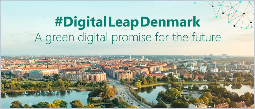 Панорамный вид на городской пейзаж Дании с текстом DigitalLeapDenmark. Зеленое цифровое обещание будущего.