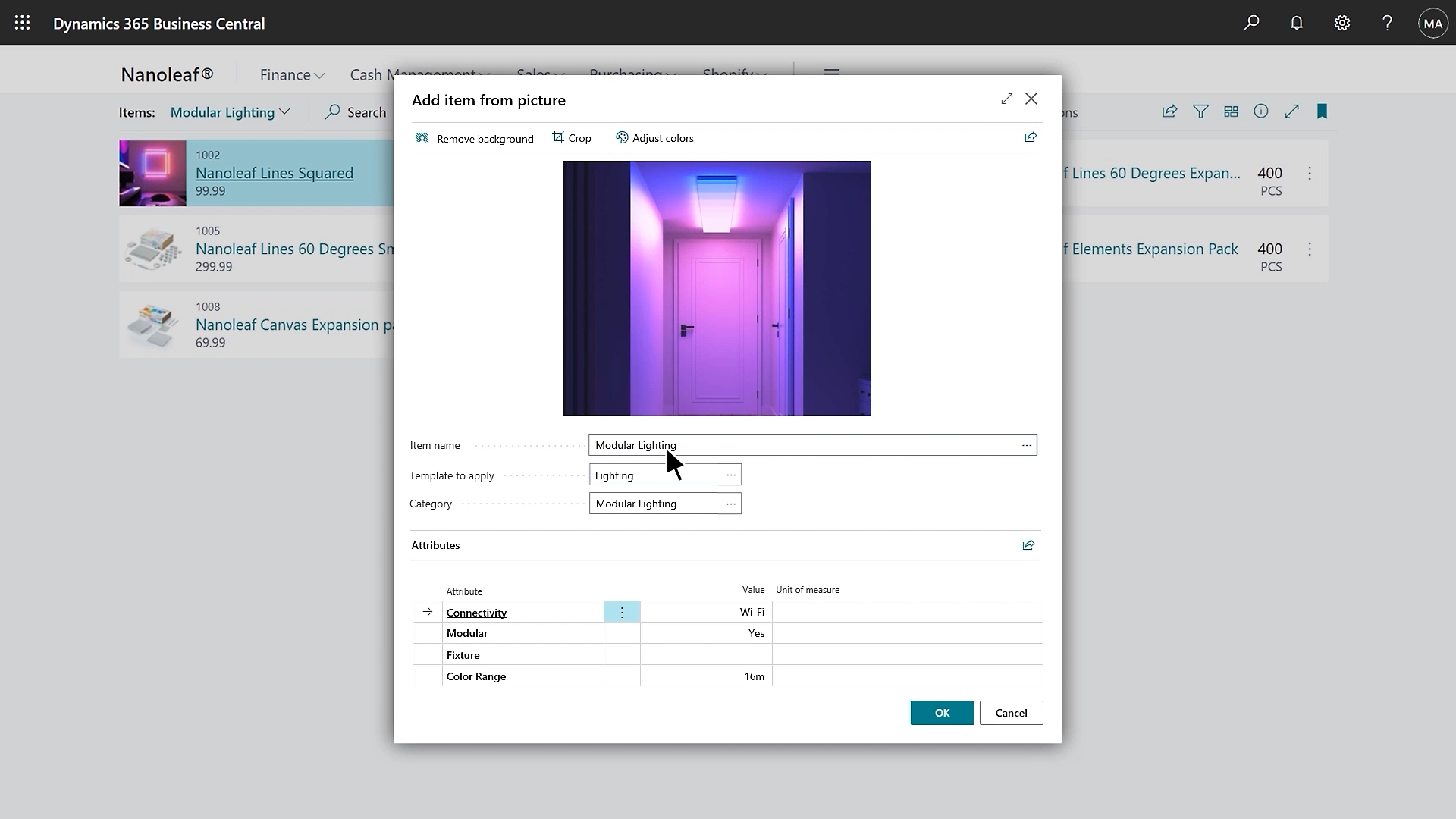 A screenshot of the Dynamics 365 Business Central interface, showing an item card for "Nanoleaf Skylight" 