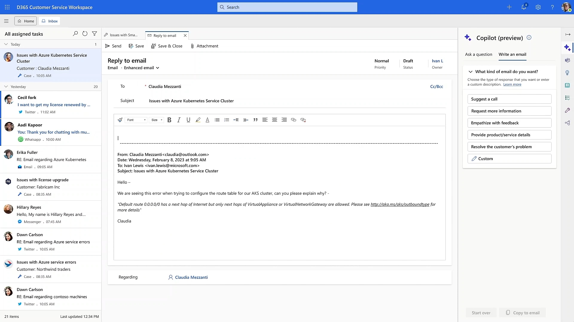 A computer screen shows a customer service workspace with an email reply being composed. 