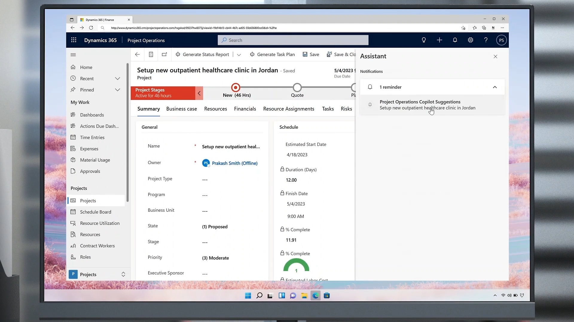 Screenshot of Dynamics 365 Project Operations interface showing project details for setting up a new healthcare clinic