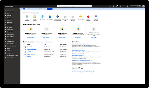 The default view of a user’s home screen in Azure showing services, recent resources, useful links and more 