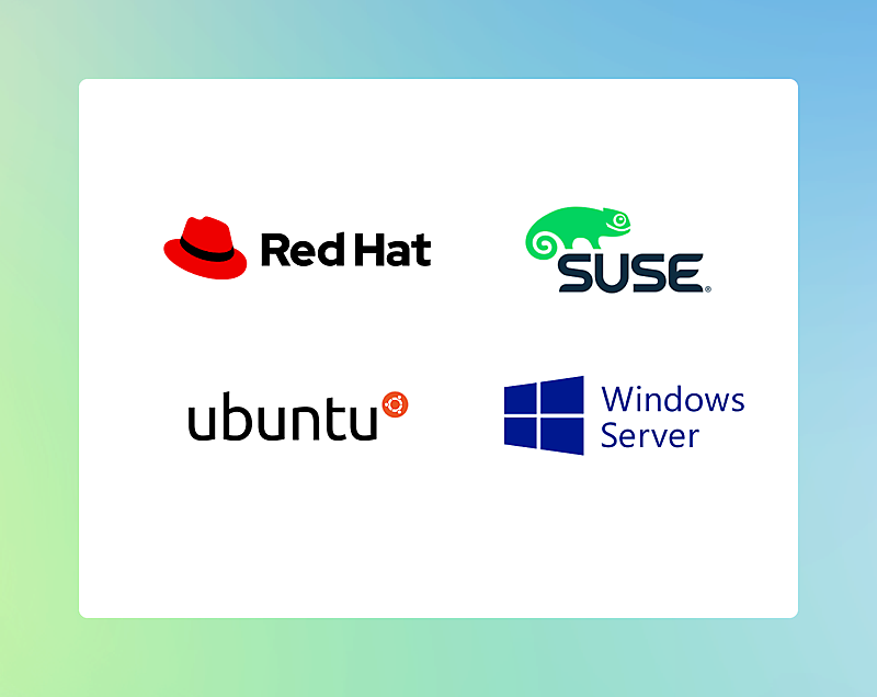 Logos of Red Hat, SUSE, Ubuntu, and Windows Server on a gradient blue and green background.