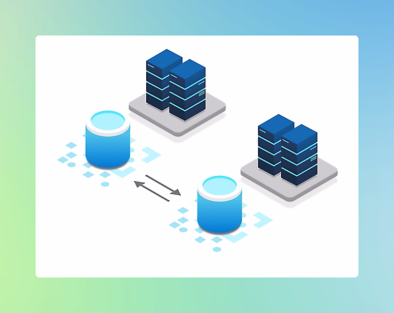 Illustration of two database servers represented by stacked blocks connecting with cylindrical storage units background.