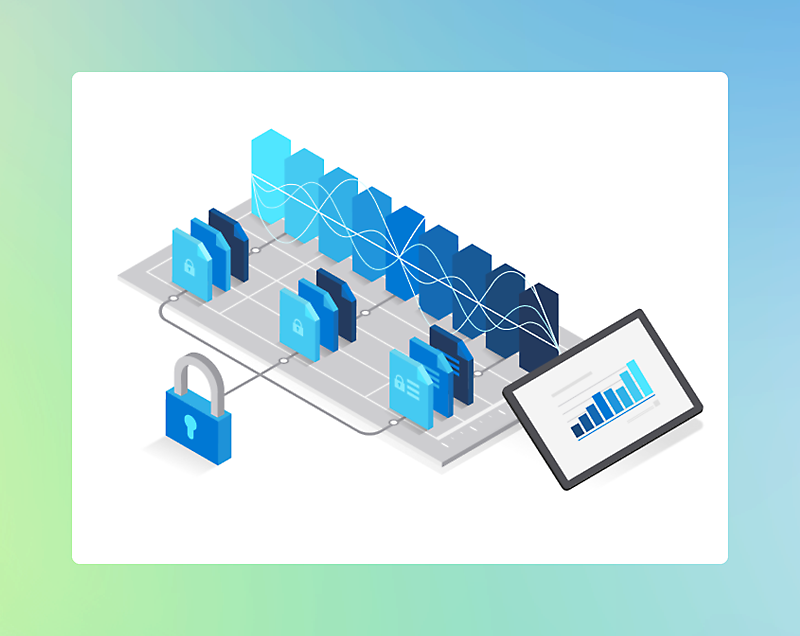 Illustration of a digital data storage system with secure folders, network connections