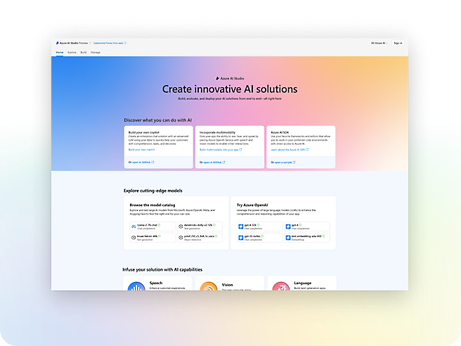 Página de aterrizaje de Inteligencia artificial de Azure Studio con varias opciones.