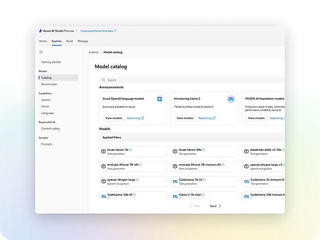 Fenster mit Azure KI-Modellkatalog-Modellen.