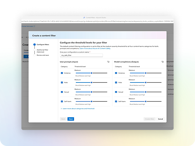 Fenêtre affichant le filtre de contenu pour différents modèles.