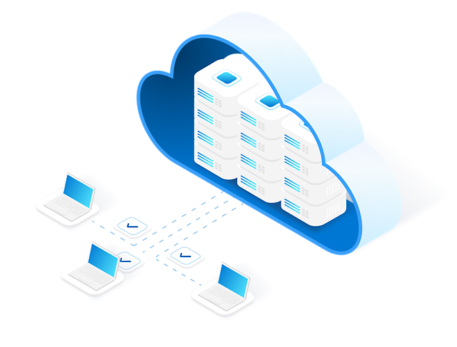 Un diagrama de informática en la nube con ordenadores portátiles