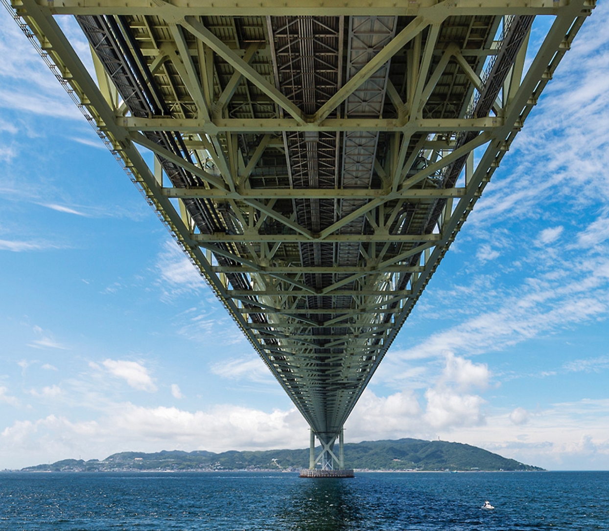 Akashi Kaikyō Bridge over water with a hill in the background.