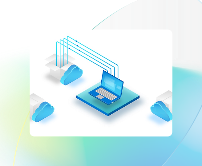 Illustration of a laptop connected to three cloud storage icons signifying data transfer or cloud computing.