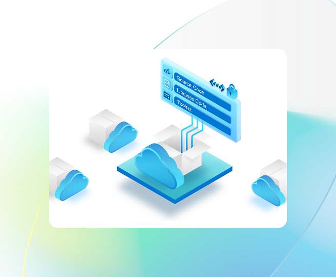 Illustration showing a cloud computing concept with connected cloud icons and a floating panel