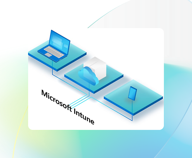 Illustration of Microsoft Intune with icons of a laptop, cloud, and mobile device connected via blue lines.