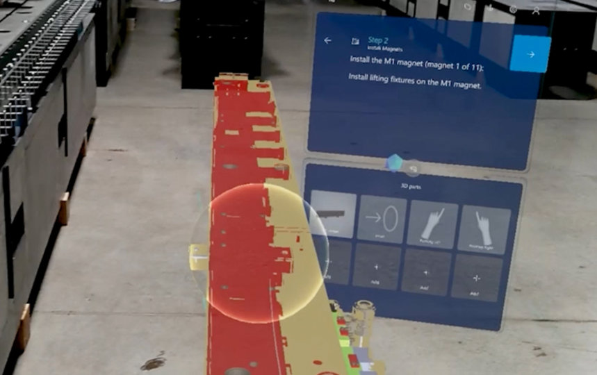 POV of an augmented reality holographic image displayed in the Argonne National Laboratory during an assembly process