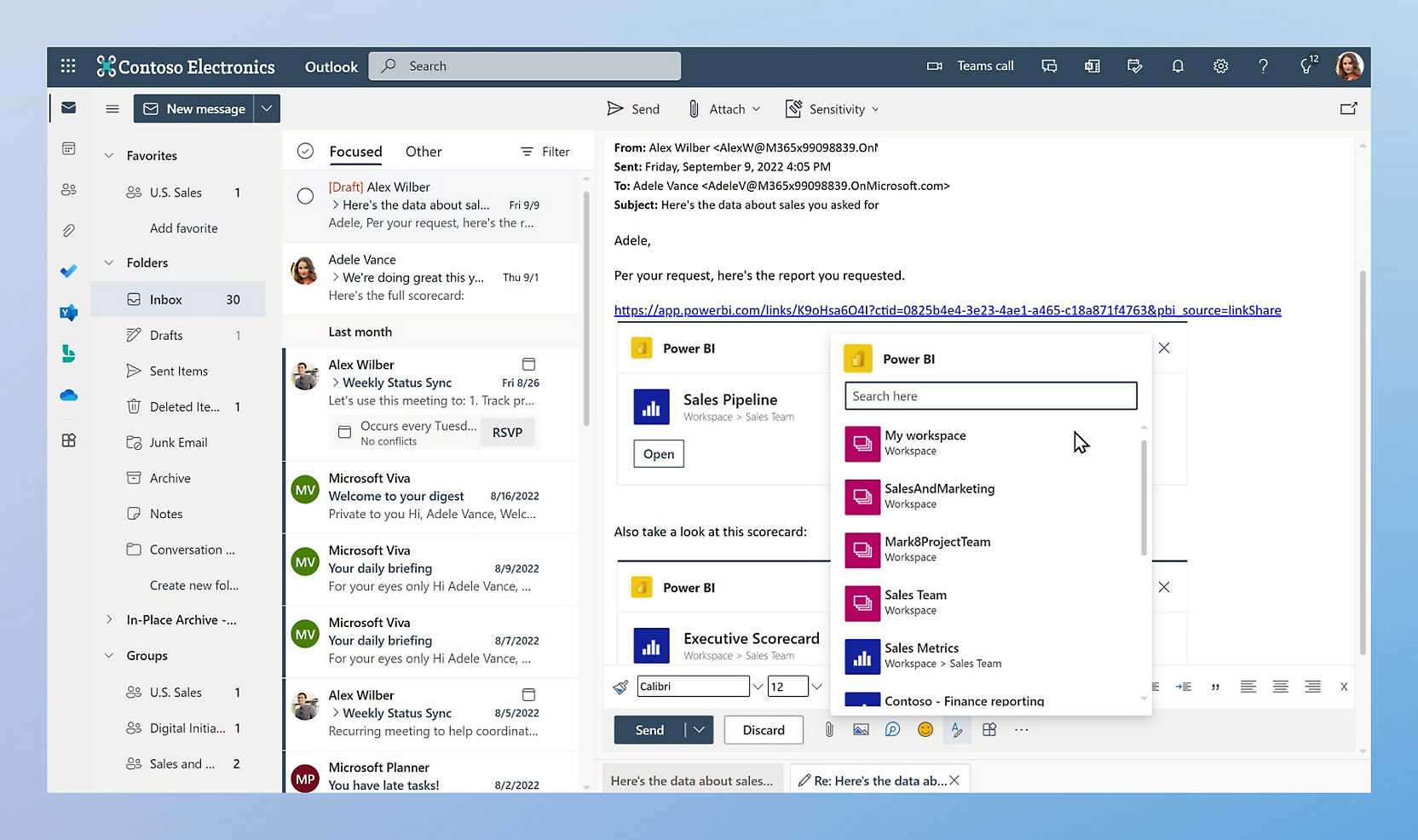 Een schermopname van een gebruiker die een Power BI-rapport insluit in een e-mailbericht in Outlook