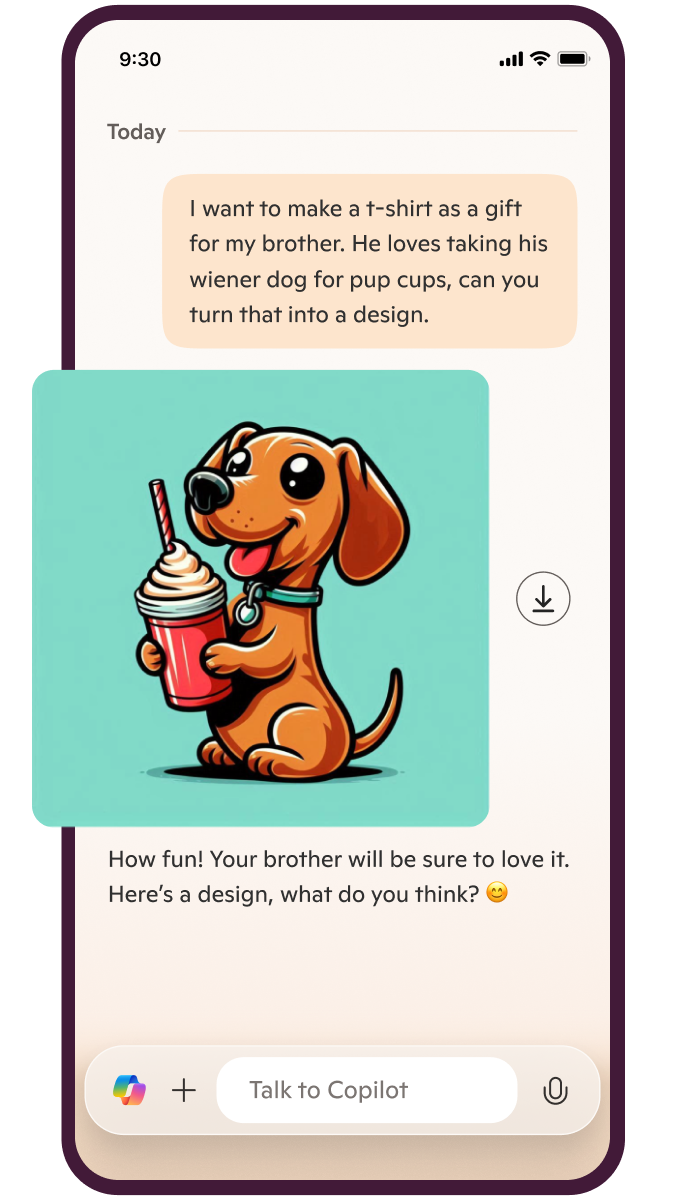 The Copilot app showing an example of an image generated based on a text prompt.