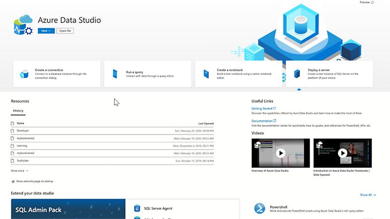 Экран приветствия в Azure Data Studio.
