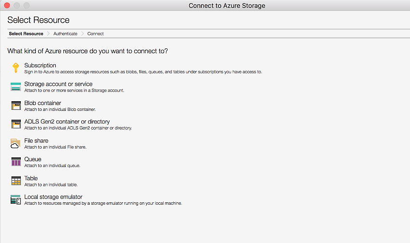 A resource being selected to connect to Azure Storage