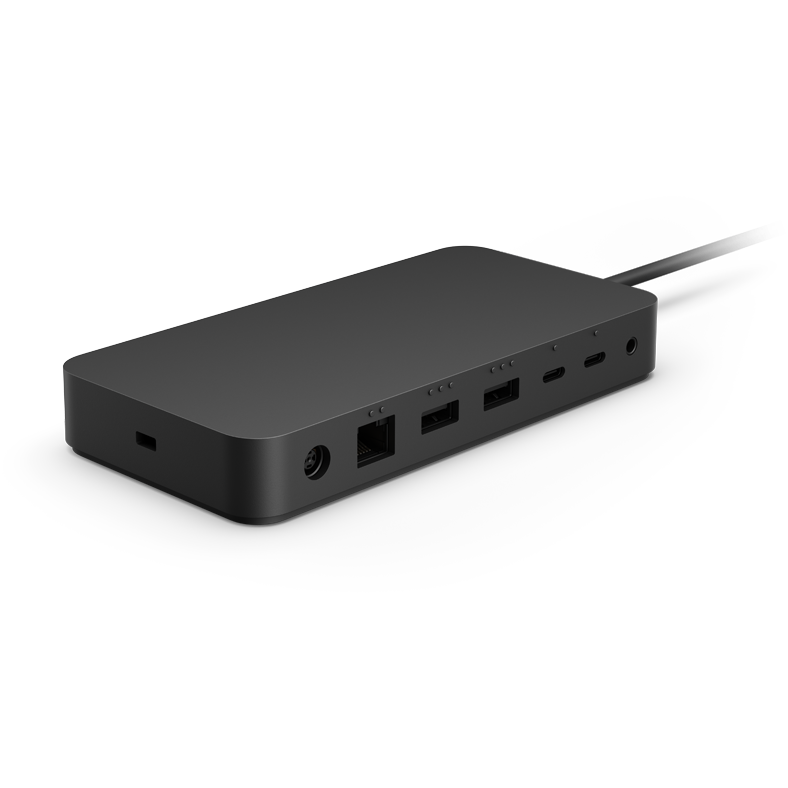 Surface Thunderbolt™ 4 Dock kuvattuna sivulta portit esillä.