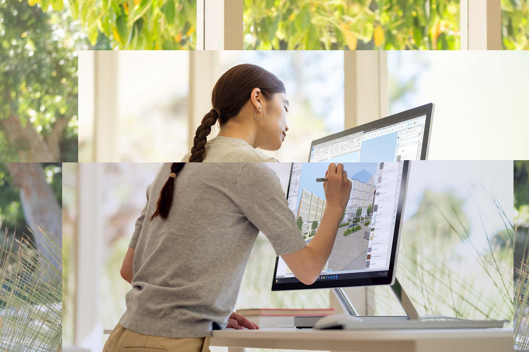 A person is standing in front of their Surface Studio 2+ drawing on screen with Surface Pen to create a design.